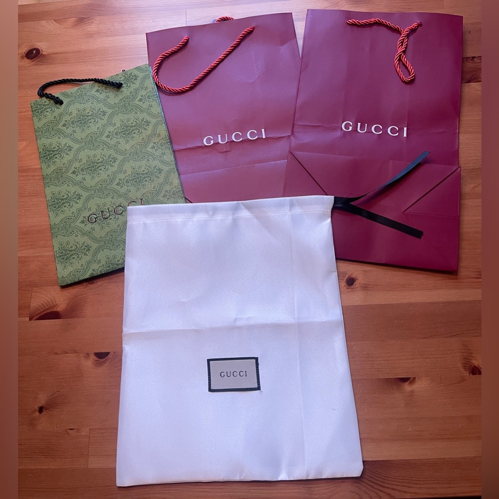 GUCCI Authentic Set One Satin Drawstring Dust Bag & 3 Shopping Paper Bags